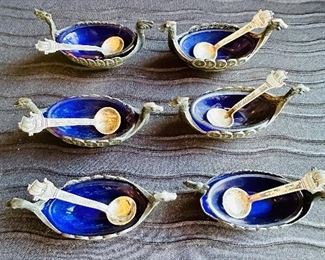 Six vintage Swedish "Viking vessel" silver salt cellars with cobalt blue liners and matching salt spoons