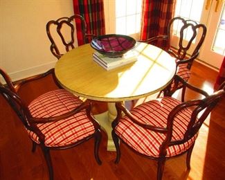 Oak Pedestal Base Table with Four Open-Back Hardwood Chairs