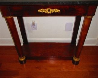 Early 19th Century French Entry Table in Exotic Wood Veneers with Marble Top and Ormolu Trim
