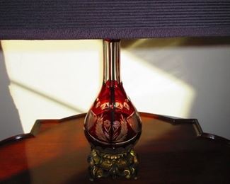 Bohemian Cut-to-Clear Ruby Glass Table Lamp Raised over a Scrolled Brass Foot