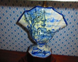 Delft Style Blue and White Pottery Flower Holder Mounted as a Lamp