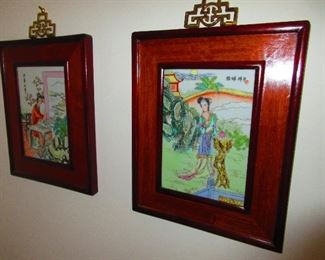 Pair of Framed Chinese Polychromed Porcelain Tiles