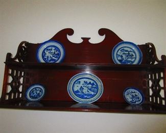 Group of Chinese Blue and White canton Export Porcelain Dishes / Mahogany Wall Shelf with Open-Work Ends