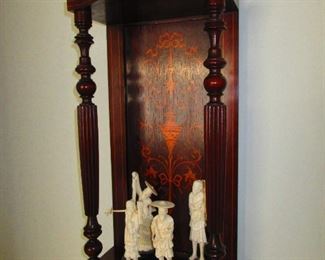 English Edwardian Marquetry Wall Shelf w/ Chinese Carved Figures