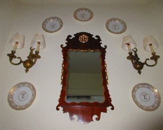 Late 18th / Early 19th Century English Veneered & Gilded Mirror, Group of 18th Century Chinese Export Monogrammed Porcelain Plates, Pair of Gilded Candle Sconces after the Antique
