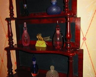 18th Century Mahogany Three-Tiered Wall Shelf with Various Fine Art Glass Perfume Bottles