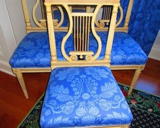 Group of Four Lyre-Back Chairs wearing Blue Damask