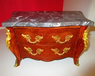 Miniature French Veneered Jewelry Chest Trimmed in Ormolu w/ Marble Top