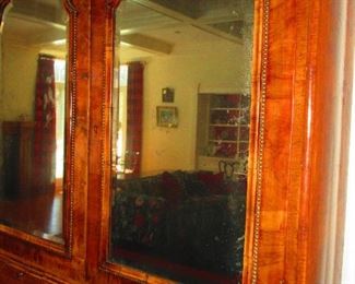 Detail of Mirrored Doors to 18th Century German / Italian Secretary in Walnut Veneers