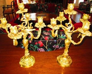 Pair of 18th Century French Louis XV Rococo Brass Candelabras