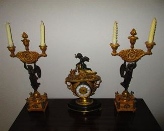 Antique Early to Mid 19th Century French Bronze Mantle Clock and a Pair of Antique French Dore Bronze  Neoclassical Candlesticks