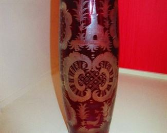 Antique Bohemian Cut-to Clear Ruby Glass Vase