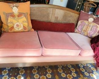 Heavy cherrywood caneback sofa, with matching club chair. Matching rocking chair sold separately.  c1940 Original mauve velvet fabric.