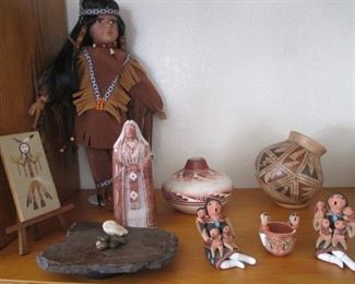 Variety of Native American Dolls, Kachinas, Story Tellers, Pottery & Sand Painting by Navajo, Santa Clara & Jemez Artists 