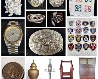 Raptor Transport Carrier, Vintage Wood Cash Register, Retired James Avery Rings, Watches, Sterling Silver Jewelry, Remploy Kitchen Larder Cabinet, Vintage Speakers, Antique Netsuke Figure, First Responder Patches, Wooden Smoking Table Stand, Quilts, 4-Drawer Flatware Chest, Belt Buckels, Etc. 