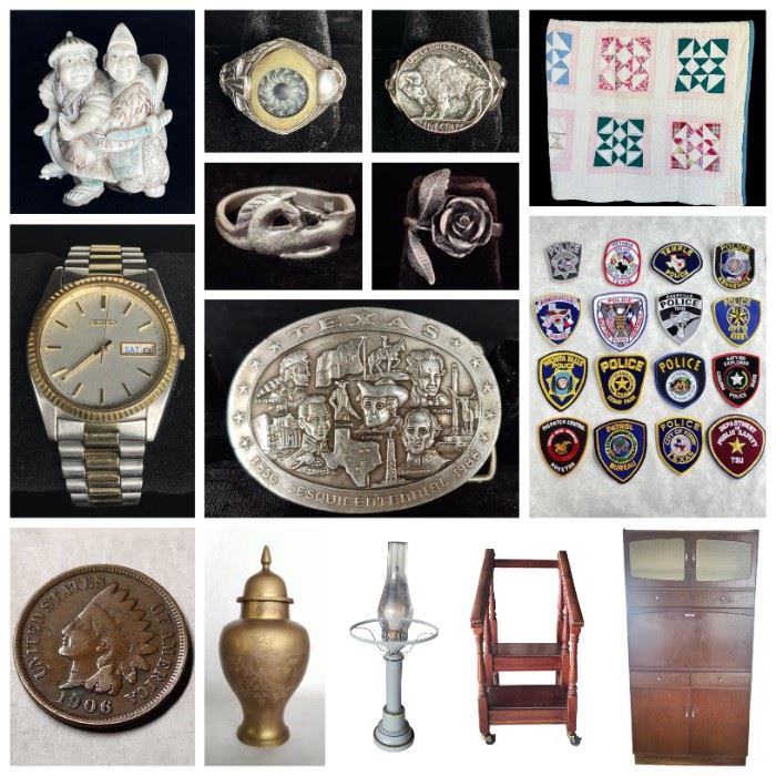 Raptor Transport Carrier, Vintage Wood Cash Register, Retired James Avery Rings, Watches, Sterling Silver Jewelry, Remploy Kitchen Larder Cabinet, Vintage Speakers, Antique Netsuke Figure, First Responder Patches, Wooden Smoking Table Stand, Quilts, 4-Drawer Flatware Chest, Belt Buckels, Etc. 