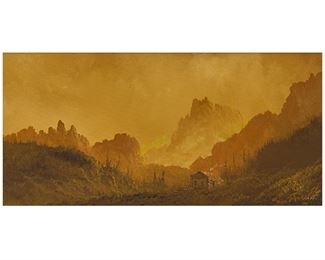 Lester Hughes (El Paso, Texas, b. 1940), mountain with cabin & orange sky, oil on canvas
