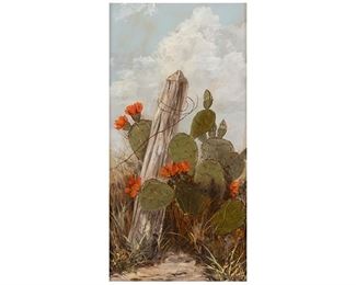 Ann Carlyon (American, 1929-2009), blooming cactus and barbed wire, oil on masonite
