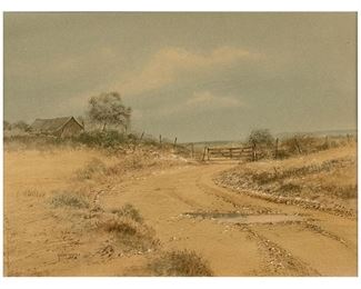 Raul Gutierrez (Texas, b. 1935), hill country homestead, watercolor