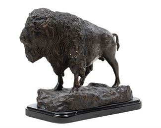 Elk buffalo bronze sculpture on black marble base

