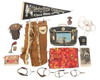 Collection of twenty pieces of vintage old western memorabilia, to include Hopalong Cassidy banner, bag, child's chair, etc., Roy Rogers photograph, toy rifles, etc.