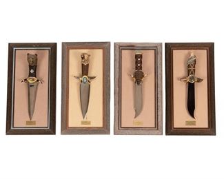 Four Franklin Mint Native American tribes knives, to include Pawnee Wolf, Navajo Mountain Lion, Cheyenne Buffalo, and Crow Bear 
