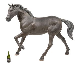 Near life-size metal horse statue

height 60 in. x width 72 in. x depth 24 in.
