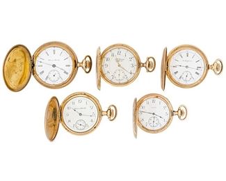 Collection of 5 antique pocket watches each having gold plate full hunter cases including Elgin, Hampden (case engraved with patriotic American Eagle and Flag) and J.H. Heinman, Cleveland Ohio.
