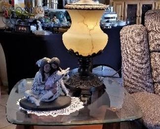 Matching sofa end tables with drawers. Matching Hollywood regency old-world lamps.