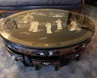 Black Lacquer Mother of Pearl Oval Coffee Table with 6 Nesting Stools