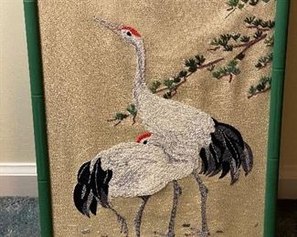 Vintage Japanese Embroidery Two Cranes in Painted Bamboo Frame