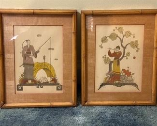 Vintage Asian Art in Bamboo Frame 