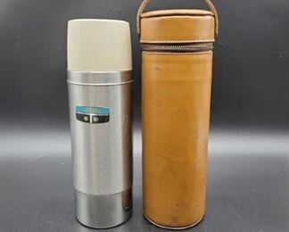 King Seely Vintage Metal Thermos Model 2460S Vacuum Bottle Stainless w Carrier