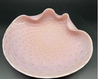 Large Venetian Murano Pink Gold Aventurine Bullicanti Controlled Bubbles Glass Bowl Alfredo Barbini
