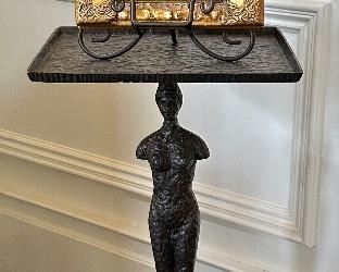 Giacometti Style Bronze Figural End Table, Female Nude with Elongated Legs on Black Granite Base