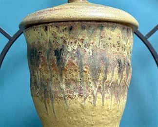 M. Canfield Signed Pottery Jar with Wood Finial