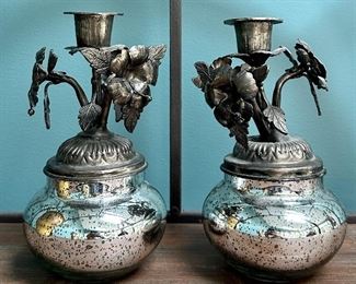 Pair of Floral Metal & Mercury Glass Candle Holders