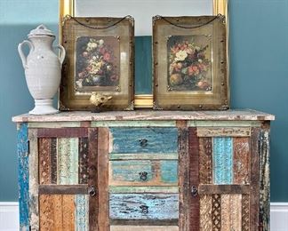 Shabby Chic, Multi-color 4-Drawer Console with Side Cabinets