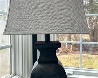 (2) Faux Cement Lamps with Burlap Shade