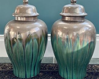 (2) Large Decorative Temple Jars in Aqua and Grey