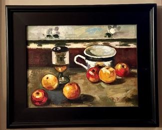 "Still Life Coffee Cup with Fruit" Oil, Signed