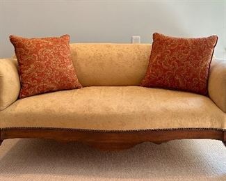 Antique Dutch Mahogany Sofa Upholstered with Damask