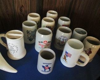 Many Beer Steins, Various Sizes & Designs