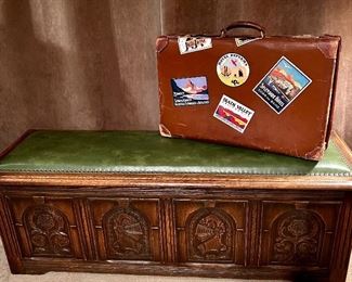 Dark Oak Storage Bench /Leather Top Carved Detailing 