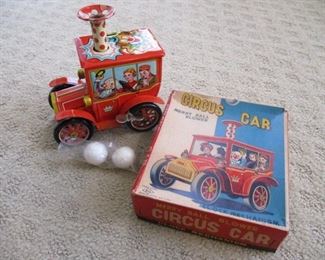1950's Wind Up Tin Toy Red Circus Car
