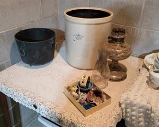 Cast iron kettle with bail, 5 gal. crock, kerosene lantern