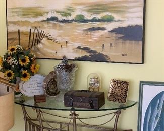 Glass tables, artwork and home decor