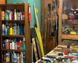 Garage full of skiing equipment, golf clubs, light fixtures, hardwood flooring, lots of name brand tools, ladders, weed eaters, metal detectors, etc