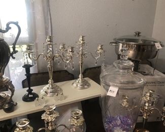 several chafing dishes - some in the box! Also several large glass drink decanters