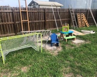 soccer goals, ladders, child's picnic table